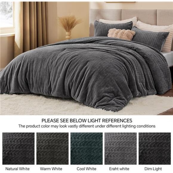 Fluffy Queen Comforter Set - Furry Grey Leaves Pattern Faux Fur Bed Set, Winter - Picture 5 of 7